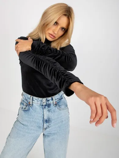 Bluzka damska z długim rękawem, welurowa, czarna, Rue Paris