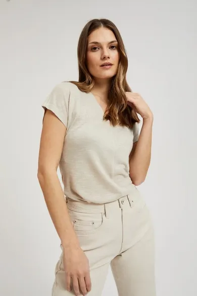 Bluzka damska z krótkim rękawem, beżowa, Moodo