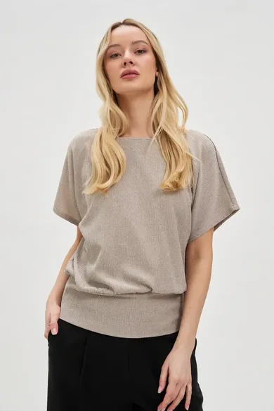 Bluzka damska z krótkim rękawem, beżowa, Moodo