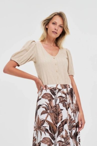 Bluzka damska z krótkim rękawem, beżowa, Moodo