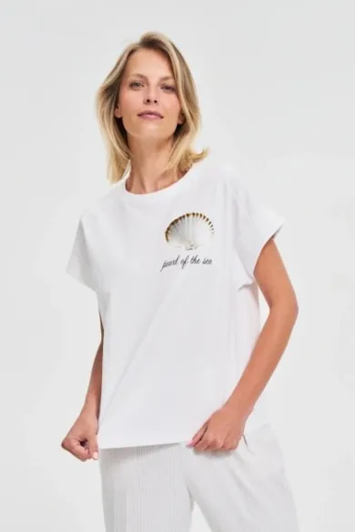 Bluzka damska z krótkim rękawem, biała, Moodo