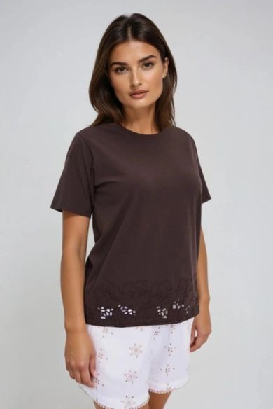 Bluzka damska z krótkim rękawem, brązowa, Moodo