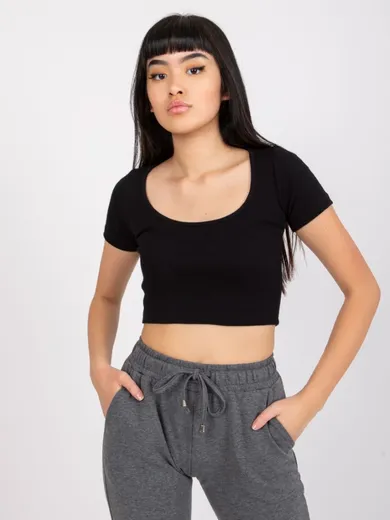 Bluzka damska z krótkim rękawem, crop top, czarna, Rue Paris