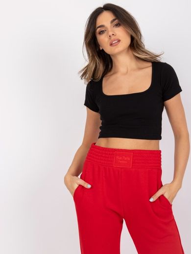 Bluzka damska z krótkim rękawem, crop top, czarna, Rue Paris