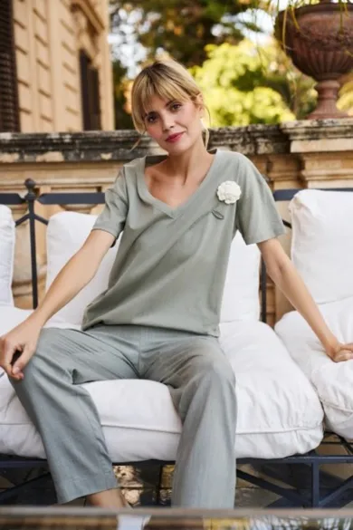 Bluzka damska z krótkim rękawem, khaki, Moodo