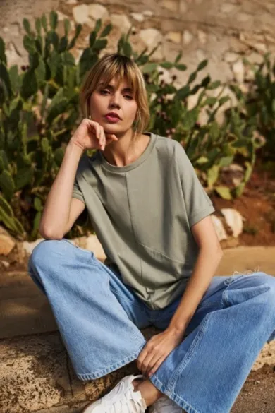 Bluzka damska z krótkim rękawem, khaki, Moodo