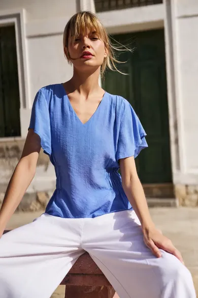 Bluzka damska z krótkim rękawem, niebieska, Moodo