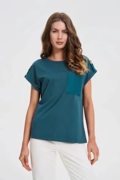 Bluzka damska z krótkim rękawem, zielona, Moodo