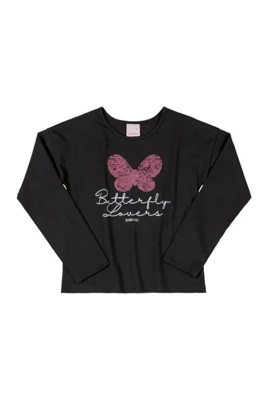 Bluzka dziewczęca z długim rękawem, czarna, dwustronne cekiny, Quimby