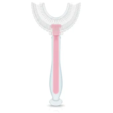 Bocioland, szczoteczka silikonowa w kształcie litery U do zębów, różowa