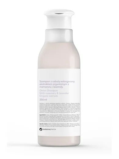 Botanicapharma, Onion Shampoo, szampon do włosów z cebulą wzbogacony ekstraktem organicznym z rozmarynu i lawendy, 250 ml