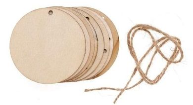 Brewis, plastry drewna z otworem + sznurek jutowy, 8 szt.