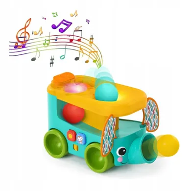 Bright Starts, Pop & Roll, Safari Bus, auto sorter z piłeczkami, słonik