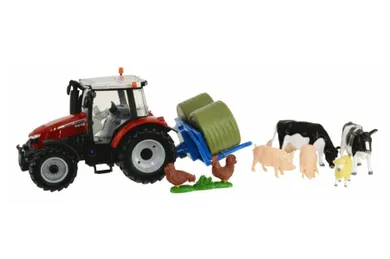 Britains, Massey Ferguson 5612, traktor z podnośnikiem do bel i figurkami zwierząt wiejskich, 1:32
