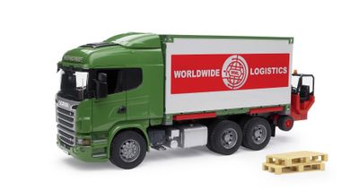 Bruder, Scania R, Kontener z wózkiem widłowym i paletami