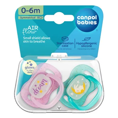 Canpol babies, NightGlow, smoczek uspokajający silikonowy, symetryczny, różowy, 0-6 m, 2 szt.