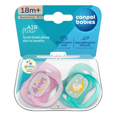 Canpol babies, NightGlow, smoczek uspokajający silikonowy, symetryczny, różowy, 18m+, 2 szt.