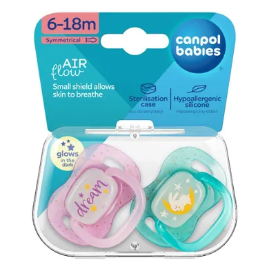 Canpol babies, NightGlow, smoczek uspokajający silikonowy, symetryczny, różowy, 6-18 m, 2 szt.