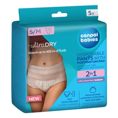 Canpol babies, oddychające majtki poporodowe z podkładem, 2w1, rozmiar S/M, 5 szt.