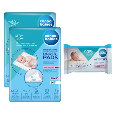 Canpol babies, zestaw: podkłady higieniczne, 90-60 cm, 2-10 szt. + chusteczki nawilżane, 60 szt.
