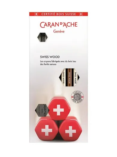 Carandache, Swiss Wood, zestaw ołówków HB z gumką i temperówką