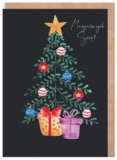 Cardie, kartka, Boże Narodzenie, choinka, czarna