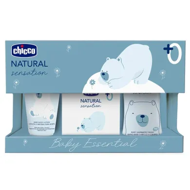 Chicco, Natural Sensation, Baby Essential, zestaw: płyn do ciała i włosów, 200 ml + balsam do ciała, 150 ml + woda perfumowana, 100 ml