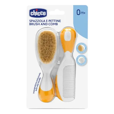 Chicco, Szczotka z naturalnego włosia i grzebyk, pomarańczowy, 0m+