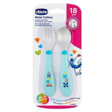 Chicco, sztućce metalowe, blue, 18m+