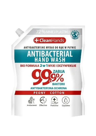 Clean Hands, mydło antybakteryjne, peony&cotton, zapas, 1000 ml