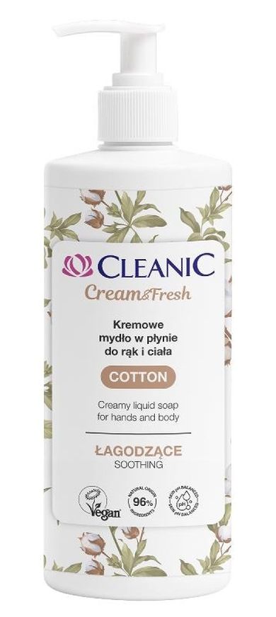 Cleanic, Cream & Fresh, łagodzące mydło kremowe w płynie do rąk i ciała, bawełna, 500 ml