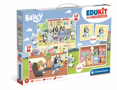 Clementoni, Edukit, Bluey, zestaw 4w1, memory + klocki + puzzle, 78 elementów