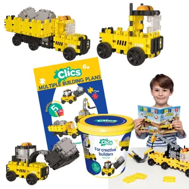 Clics Toys, Clics, Maszyny budowlane, klocki w wiaderku 5w1, 123 elementy
