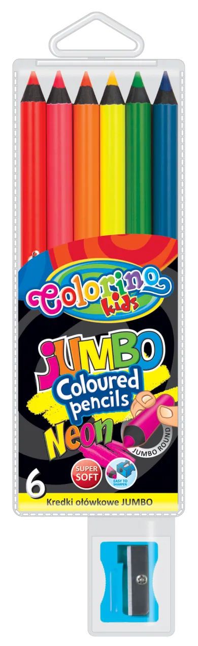 Colorino, kredki ołówkowe okrągłe, Jumbo Neon, 6 kolorów + temperówka