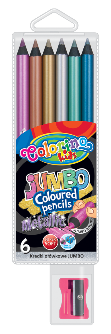 Colorino, okrągłe kredki ołówkowe, Jumbo Metallic, 6 kolorów + temperówka