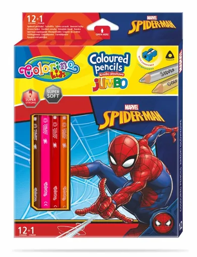 Colorino, Spider-Man, Jumbo, kredki ołówkowe, trójkątne, 12+1 kredka złota/srebrna, temperówka