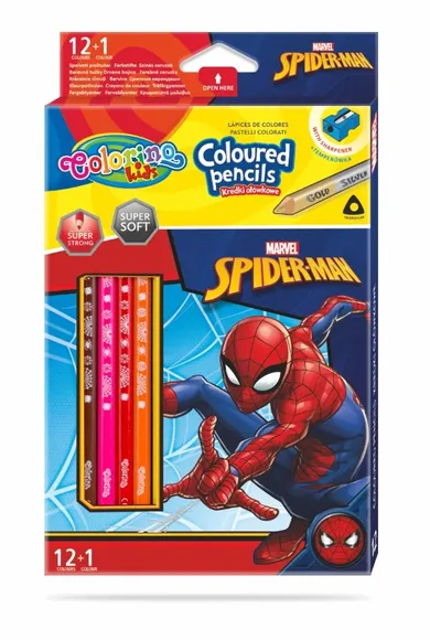 Colorino, Spider-Man, kredki ołówkowe, trójkątne, 12+1 kredka złota/srebrna, temperówka