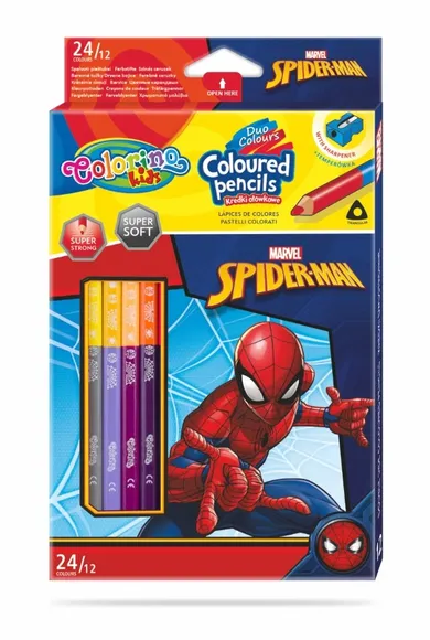 Colorino, Spider-Man, kredki ołówkowe, trójkątne, temperówka, 24 kolory, 12 szt.