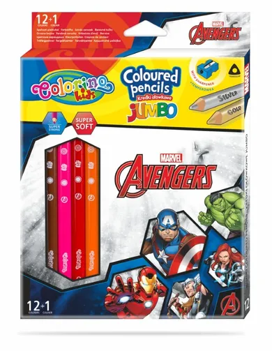 Colorino, The Avengers, Jumbo, kredki ołówkowe, trójkątne, 12+1 kredka złota/srebrna, temperówka