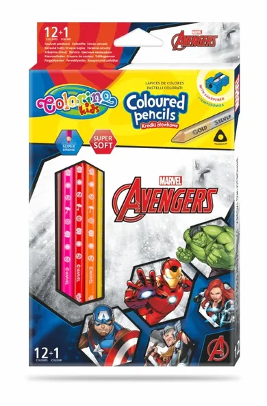 Colorino, The Avengers, kredki ołówkowe, trójkątne, 12+1 kredka złota/srebrna, temperówka
