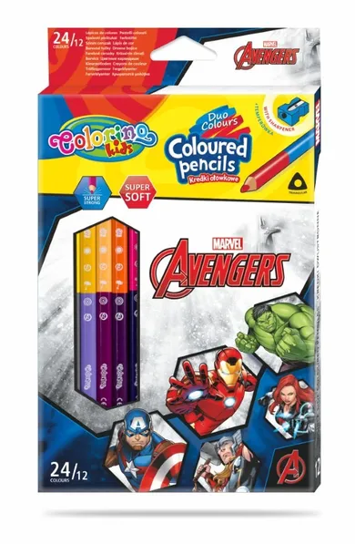 Colorino, The Avengers, kredki ołówkowe, trójkątne, temperówka, 24 kolory, 12 szt.