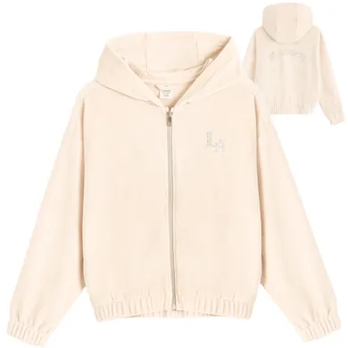 Cool Club, Bluza dziewczęca z kapturem, rozpinana, welurowa, beżowa