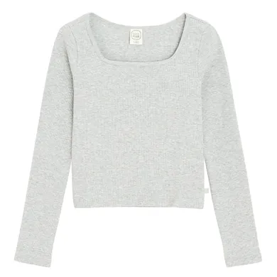 Cool Club, Bluzka dziewczęca z długim rękawem, crop top, prążkowana, szara melanż