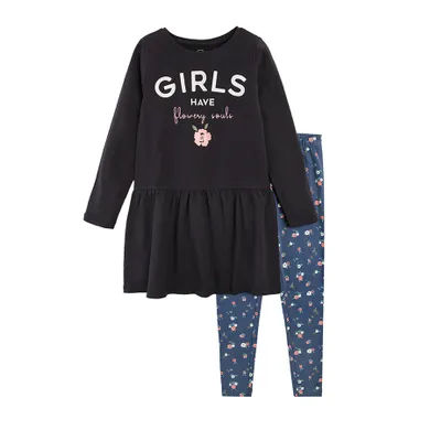 Cool Club, Komplet dziewczęcy, Sukienka z długim rękawem, Legginsy, granatowe, kwiaty