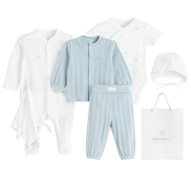 Cool Club, Komplet niemowlęcy 6-częściowy z torbą, biało-niebieski