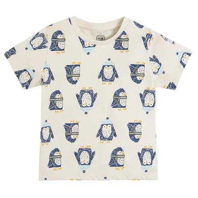 Cool Club, T-shirt chłopięcy, beżowy, pingwiny