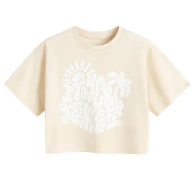 Cool Club, T-shirt dziewczęcy, crop top, beżowy