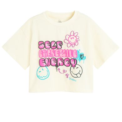 Cool Club, T-shirt dziewczęcy, crop top, ecru, SmileyWorld