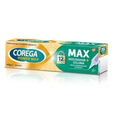 Corega, Power Max, krem mocujący do protez zębowych, max mocowanie + osłona, miętowy, 40g