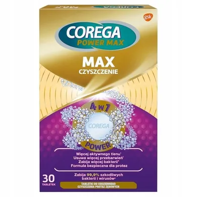 Corega, Power Max, tabletki do codziennego czyszczenia protez zębowych, max czyszczenie 4w1, 30 szt.